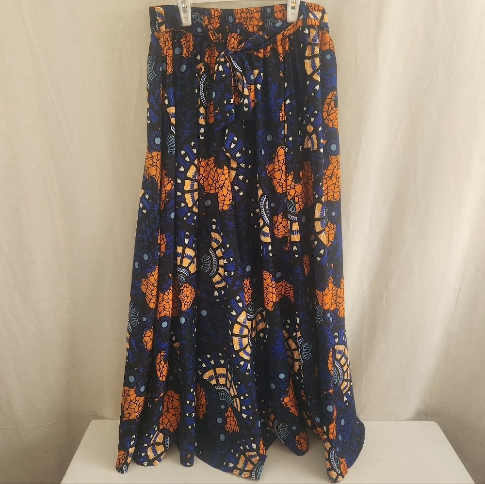 Blue & Orange Printed Maxi Skirt W/ Head Wrap
